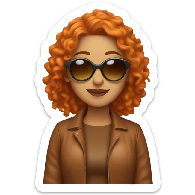 A Latina with curly, orange hair wearing a brown jacket and orange shirt and orange sunglasses waving. sticker