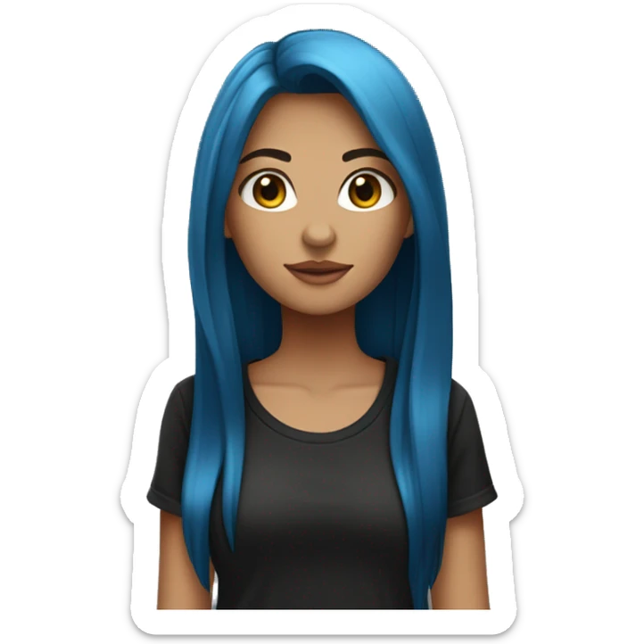a girl with light tan skin, black T shirt  on,straight long blue hair, brown eyes, standing,very beautiful,very hot sticker