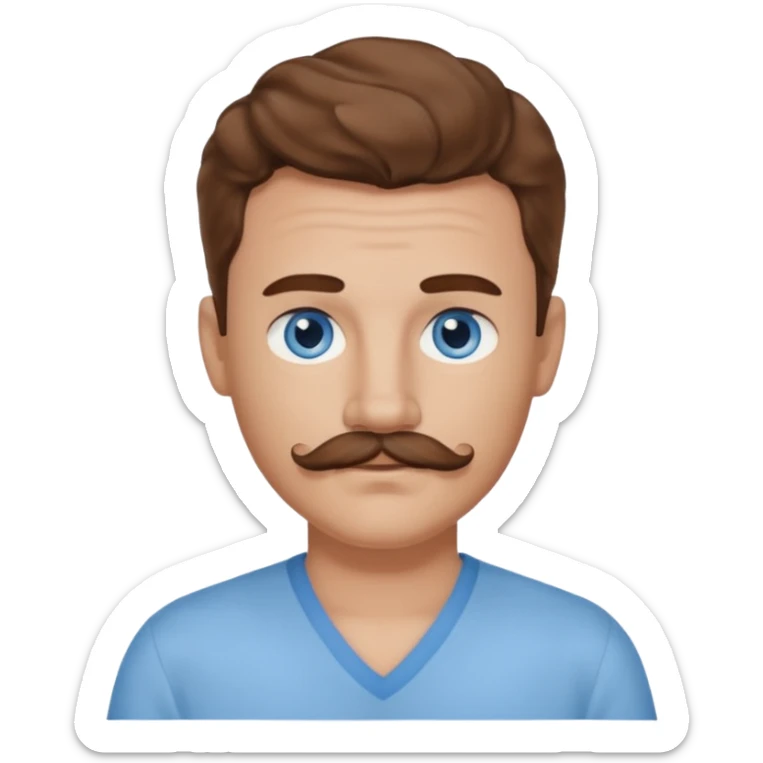 Benson Boone blue eyes, brown wavy hair and mustache, light blue v-neck shirt sticker