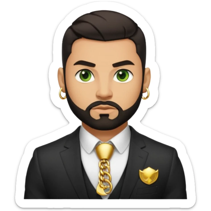 green eyes, dark short hair, muscular shoulders, gold chain, big lips big nose big eyes, masculine good looking, dark beard wearing a suit buttons of the shirt open and olive skin tone  sticker