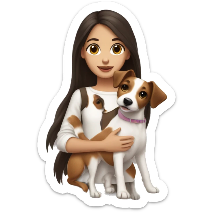 Girl with long dark brown hair and big hazel eyes with long eyelashes holding a jack russell terrier  sticker