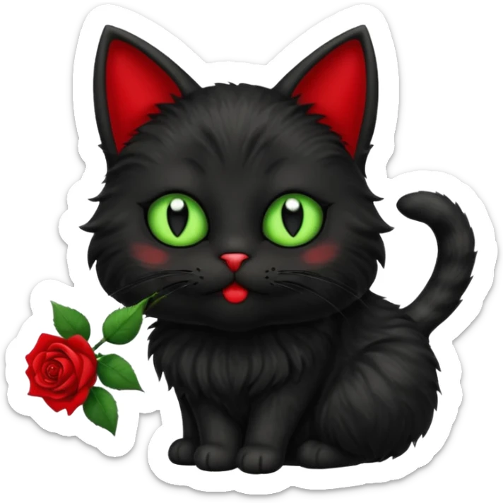 Cute emoji-style black cat holding a red rose in its mouth, big round eyes with light green sclera and black pupils, fluffy fur, clean mascot style, centered, soft beige background, 1:1 ratio. sticker