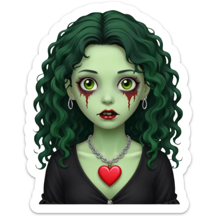a green zombie girl with a scar on her face, long curly hair, wearing a black blouse and a silver necklace with a heart pendant. sticker