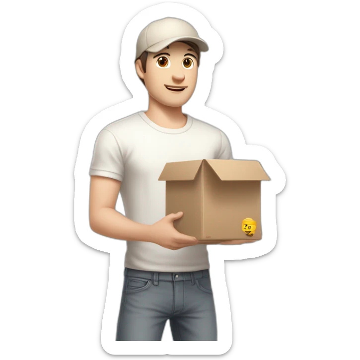 Pale skinned fit Man with dark brown hair in a white cap, gray jeans and beige polo T-shirt keeping a pasted box into his hands sticker