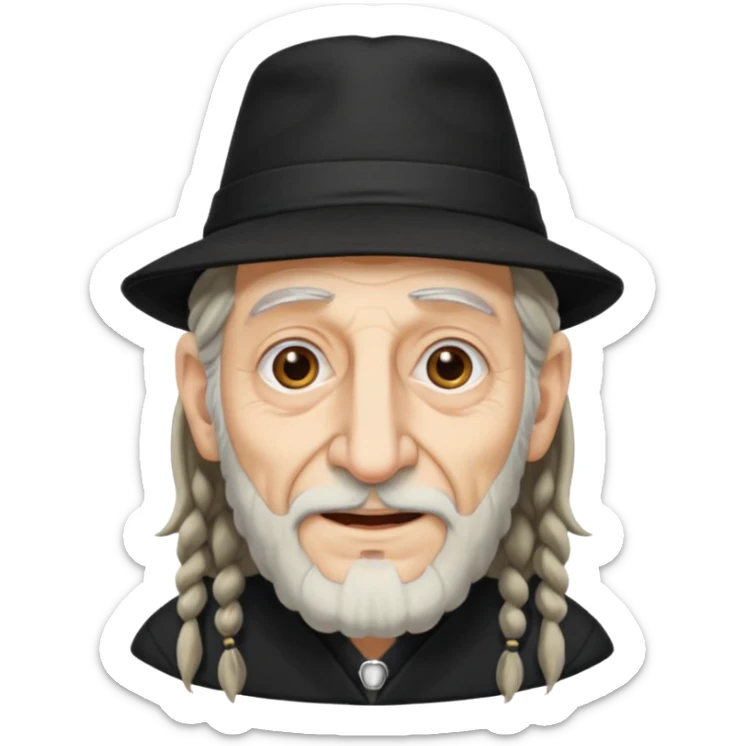 Jewish elderly man emoji with long dread hair on the sides and jewish hat, long big nose and crooked teeth sticker
