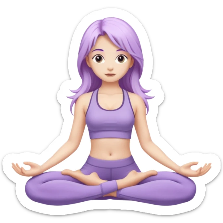 Девушка белокожая, с длинными светло-фиолетовыми волосами, в одежде для йоги, стоит в позе лотоса, в стиле бимбо пилатес, правильные пропорции, только человек sticker