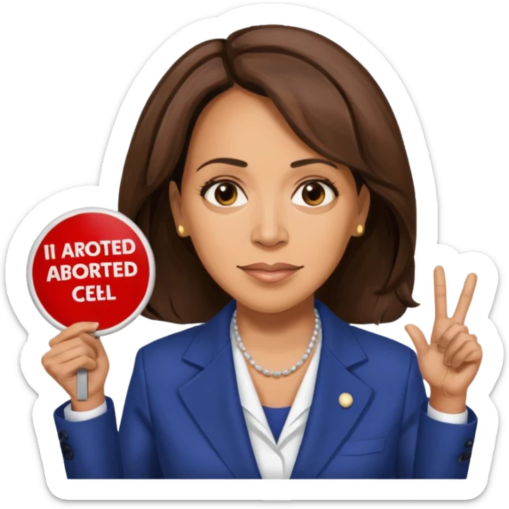 Kamala Harris but without hair holding a sign saying I abourted my last brain sell sticker