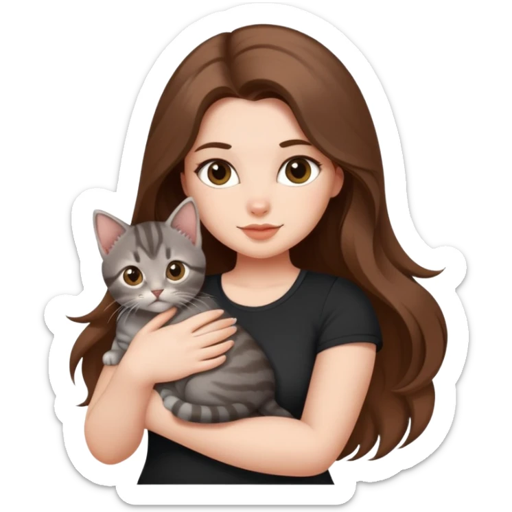 Hot curvy woman, long hair, with super cute kitten, she is white with brown hair, black top, the cat is a grey tabby sticker