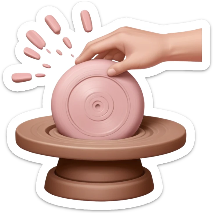 single hand throwing a pink ball of clay onto a pottery wheel, only one hand visible in the frame sticker