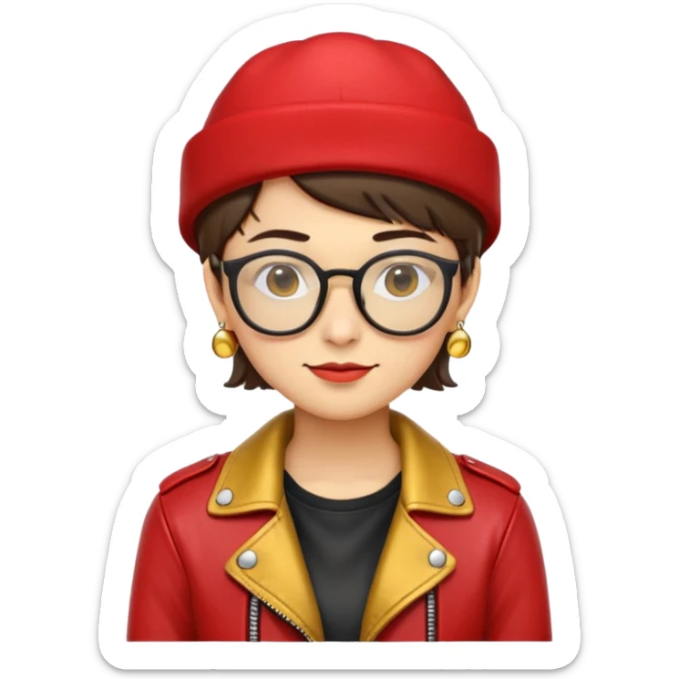 nam 20 tuổi, da vàng, tóc ngắn màu nâu, đội mũ màu đỏ, đeo kính màu đen, đeo khuyên tai màu vàng khoác áo da màu đỏ, nụ cười nhếch mép sticker