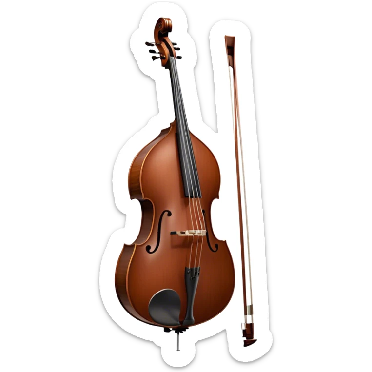 Create an elegant and detailed emoji representing a Gliga Gama double bass with bow. The design should showcase the large, sleek body of the double bass with its rich wood finish, including the characteristic curves and deep tone holes. The bow should be elegantly positioned next to the instrument, highlighting the hair and smooth wooden stick. Use warm wood tones like chestnut brown for the body of the bass, silver accents for the fittings, and dark brown for the bow. Add subtle musical notes or sound waves flowing from the bass to represent its deep, resonant sound. The background should be transparent. sticker