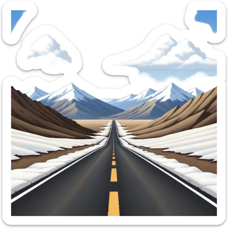 A long straight dirt road that disappears into the horizon half way up the screen from the perspective of someone sitting in the middle of the road looking down it. Flat snow fields on both sides of the road with huge looming mountains above the roads horizon line. sticker