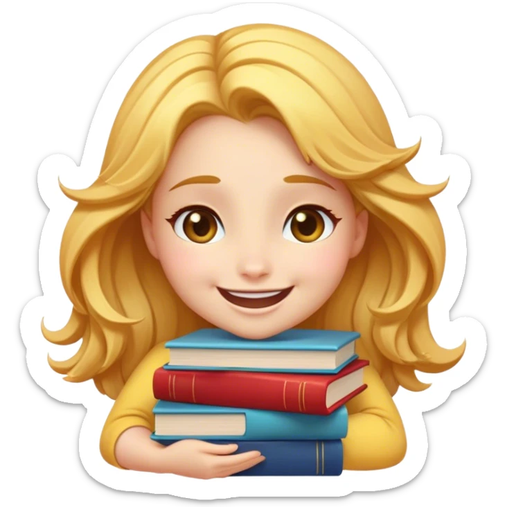 Cinematic Adorable Belle Portrait Emoji, Giggling as she hugs a stack of books, eyes twinkling with excitement, golden hair tousled slightly, a perfect mix of beauty and endearing nerdiness! sticker
