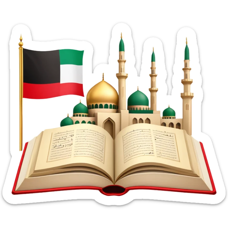 An icon featuring the mosque and the big flag of United Arab Emirates, symbolizing the Arabic language. The design includes an open book with Arabic script and calligraphy, representing language learning and cultural heritage. Transparent background sticker