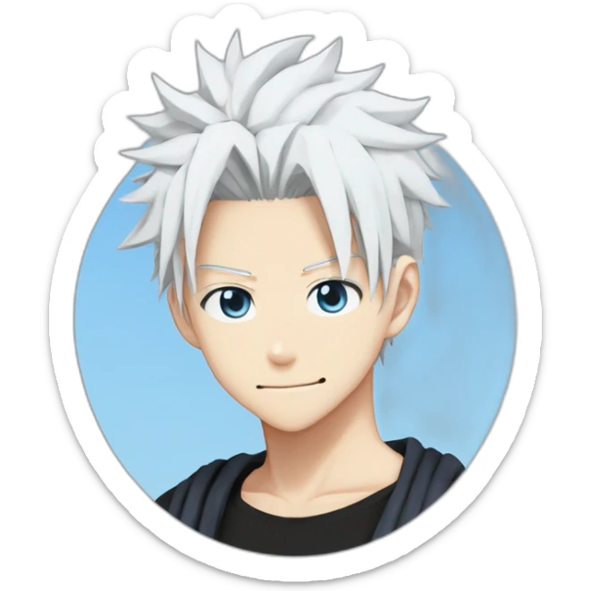 gojo satoru from jujutsu kaisen with white manga hair style, blue sky eyes and wear a black tight tshirt sticker