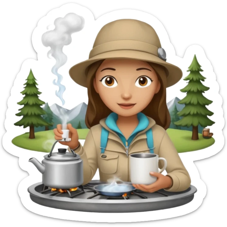 A woman camper boiling water on a portable stove, enjoying the outdoor sticker