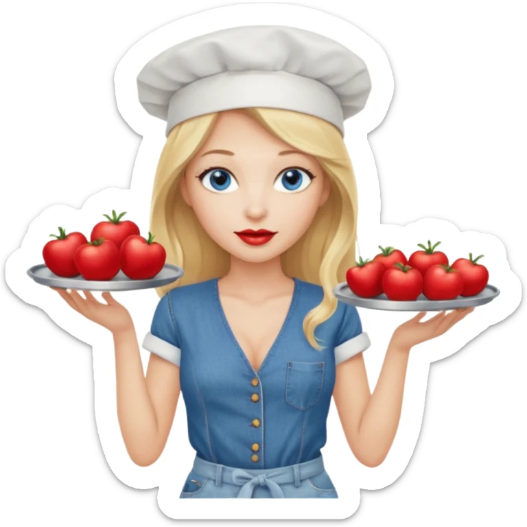 Beautiful, sexy,  long blonde hair, blue eyed, full red lips plunging v neck shirt, denim shorts, chef hat  sticker
