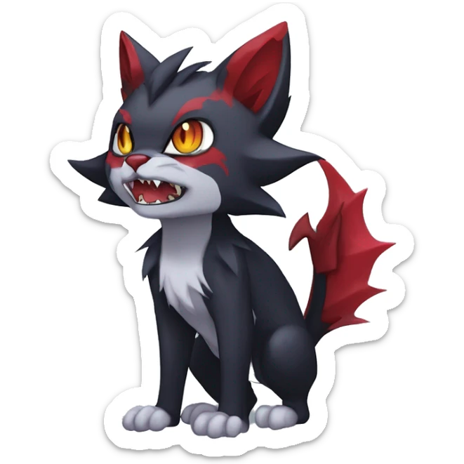   cool edgy fantasy anime-style dark animal vampiric Litten-Zoroark-Nargacuga-cat-hybrid Fakemon with big fangs and bat-ears full body sticker