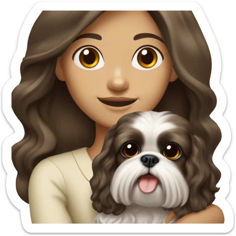 Young dark brunette medium kin hair woman with a cream shih tzu in her arms long wavy hair sticker