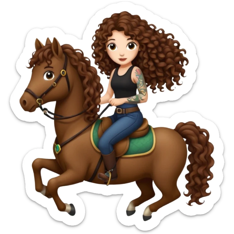 cute woman long curly brown hair tattoos riding forest pony sticker