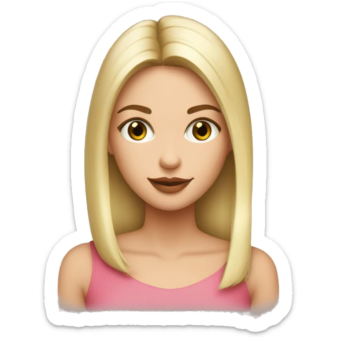emoji, femme, au cheveux long blond lisse, au teint bronzé, rouge à lèvre rose, yeux vert claire, pull blanc col v, long cils et blush  sticker