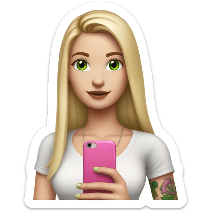 Realistic White girl with Long straight blonde hair, green eyes, tattoos, full body wearing white crop top, holding pink phone sticker