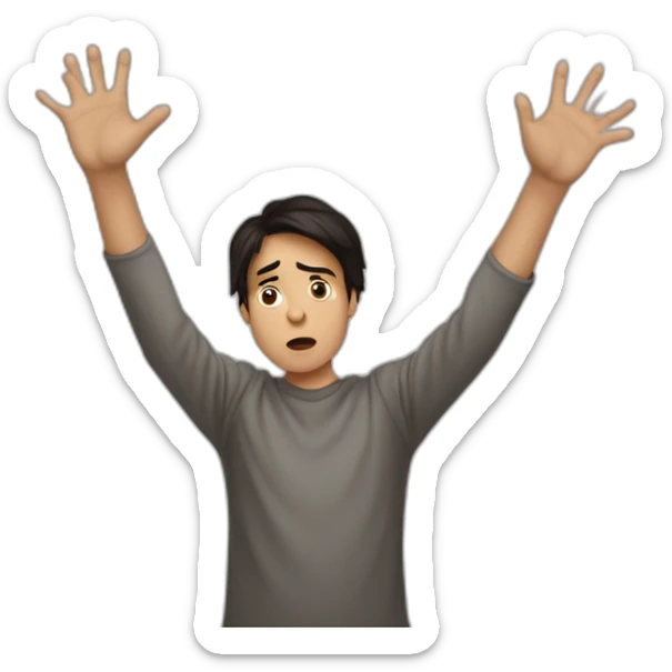 It was not me, dark hair I am innocent confused nervous little man raising palms up in surrender and staring sticker