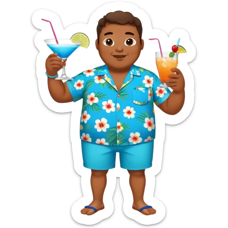 chubby guy full figure in a flowered azure havai shirt, brown shorts and flippers holding a cocktail sticker