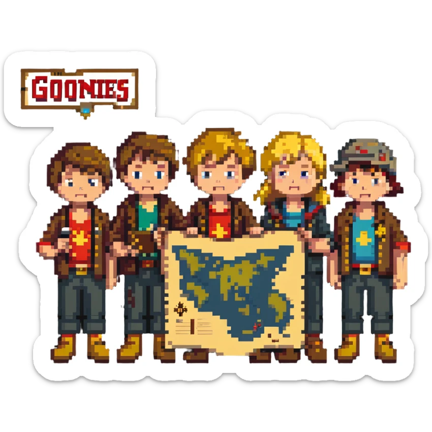 group of kids from the Goonies movie with treasure map sticker
