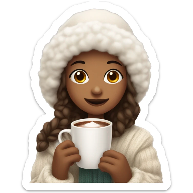 girl with white fluffy hat on and cozy sweater holding hot cocoa  sticker