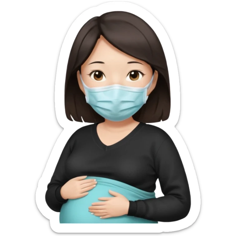 a pregrant chinese lady with dark brown hair? Hair lengt above shoulder, wearing medical face mask, i wanna see the pregnant belly with black sweater sticker