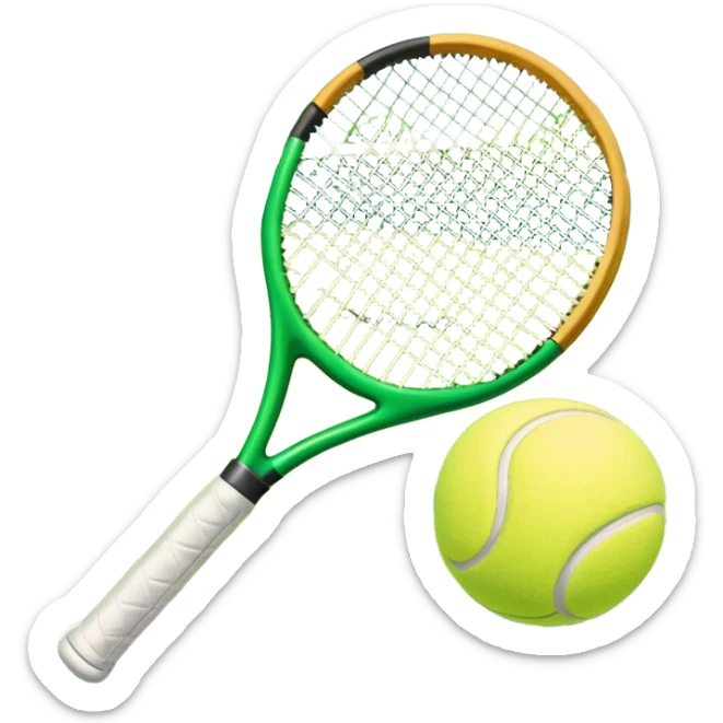 A tennis racket and a ball placed on a grassy court, with the net visible in the background. The scene captures the elegance and energy of the sport, with a vibrant green court and soft sunlight highlighting the equipment. sticker