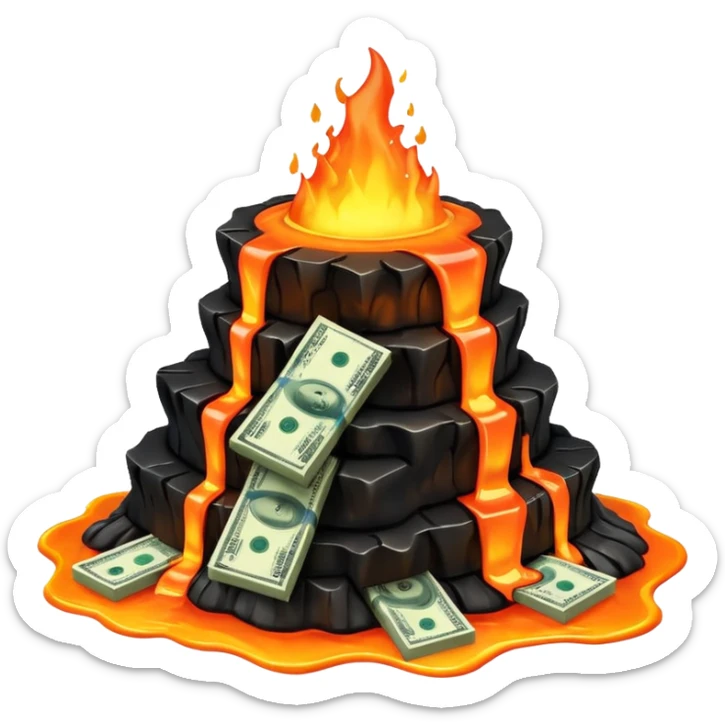Transform the stack of money into lava money: make the bills appear to be melting and turning into glowing, molten lava with realistic textures and dramatic lighting. Keep the background transparent. The style should reflect a realistic molten lava effect with glowing and melting details. sticker