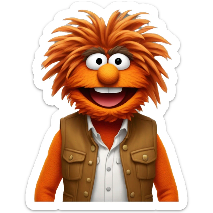 "Animal" the vibrant orange Muppet character with wild hair, large white eyes, and a wide, open mouth displaying sharp teeth. The Muppet is dressed in a colorful outfit consisting of a yellow vest, a red shirt, and brown pants sticker