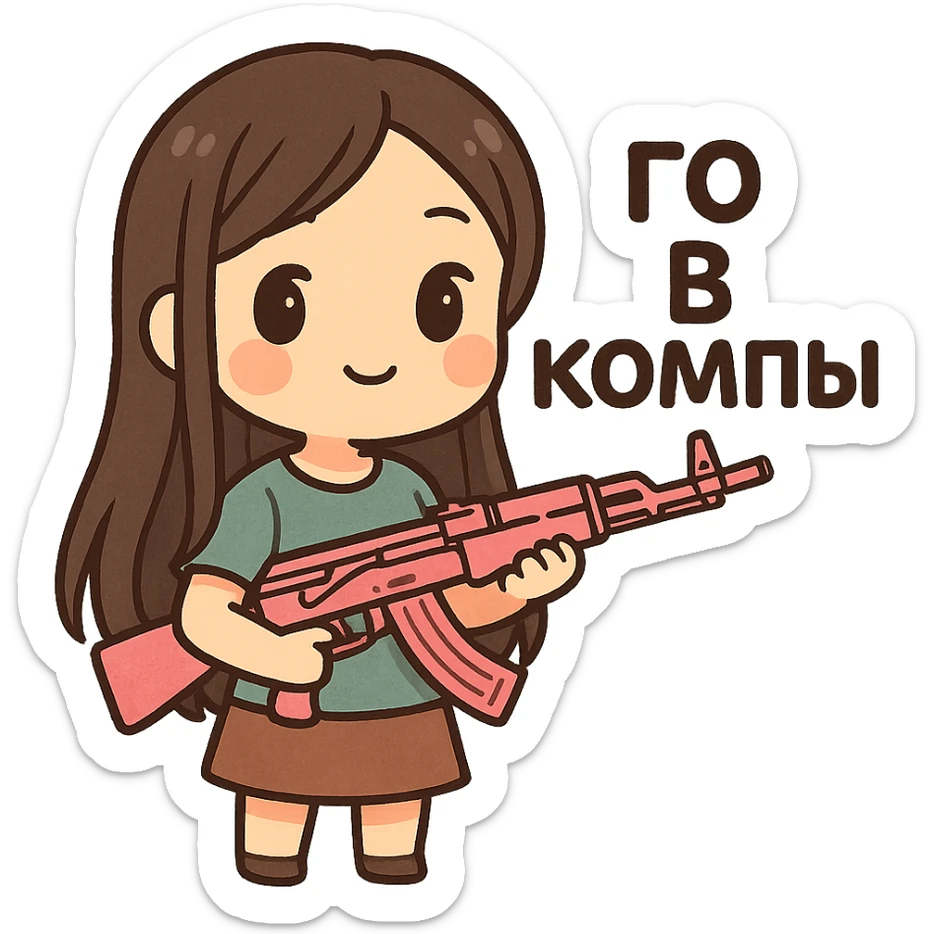 Девушка с темно коричневыми и длинными до поясницы волосами без челки держит розовый ак-47 и надпись: го в компы  sticker
