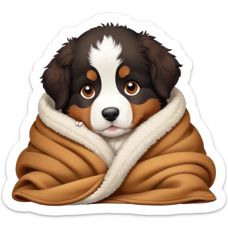 bernese mountain dog puppy cozy in a sherpa blanket, kawaii disney-style cute sticker