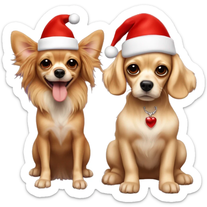 Two dogs hugging each other full-length. One is a long-haired beige Chihuahua with red streaks and small protruding ears. The second is a red cocker spaniel. They are both wearing New Year's hats, the cocker is bigger than the Chihuahua. sticker