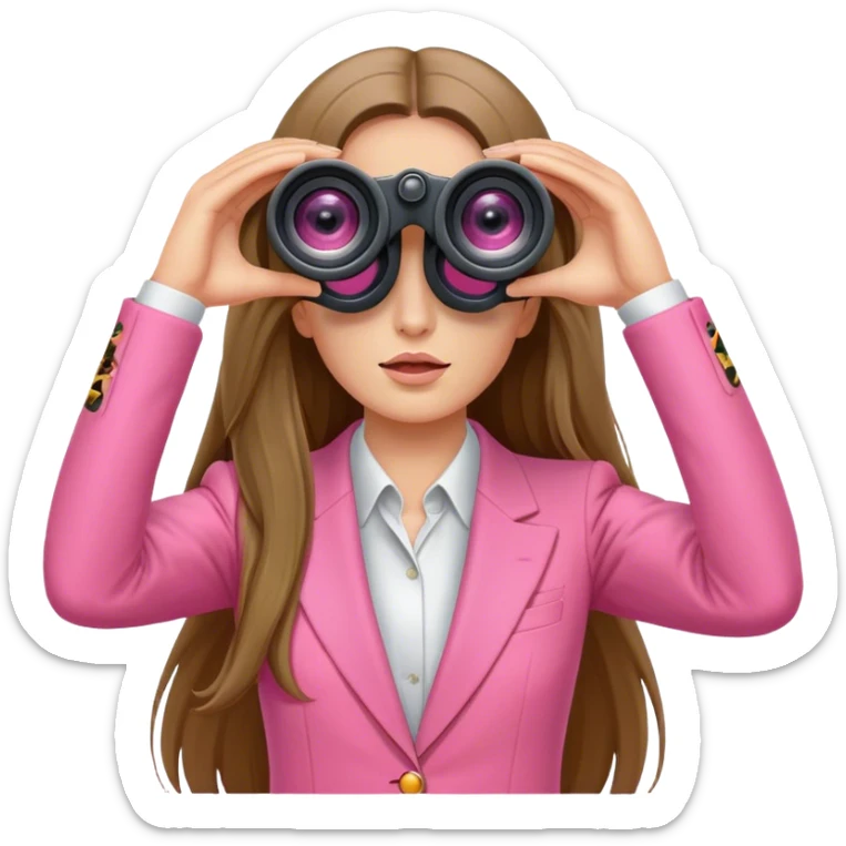 woman with long hair in a pink suit looking through two-eyed binoculars, front view sticker