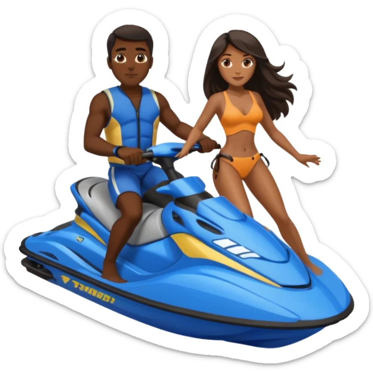 Dark male dark hair & light tan female long dark hair on a blue jet ski no sunglasses sticker