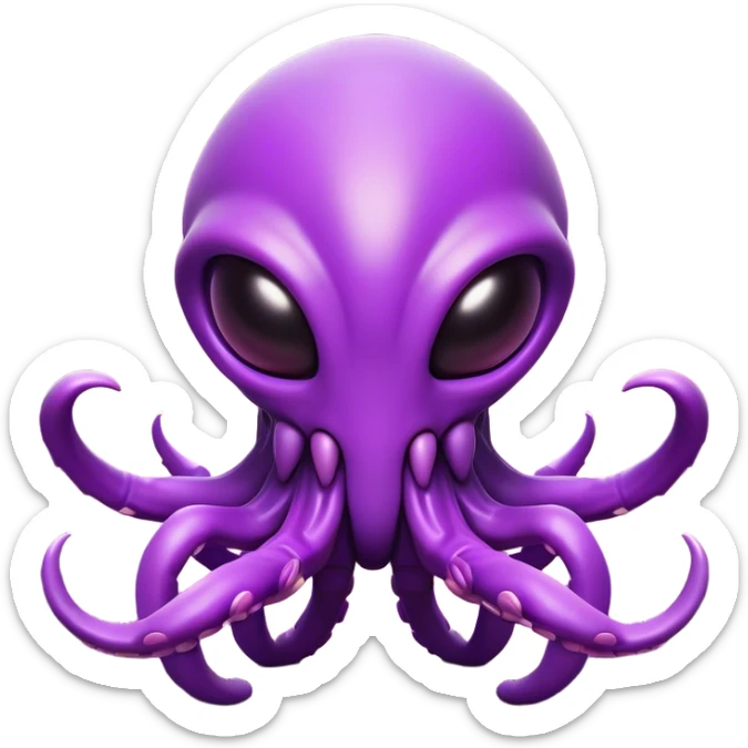 Clash of Clans aesthetic: Cinematic Playful Zerg Alien Emoji, rendered in a 3D vector-style similar to standard emojis with minimal shading and bold, simplified shapes. A compact, isometric, otherworldly creature with insectoid, organic details and subtle, eerie tentacles, softly glowing with a sinister alien charm. Simplified yet unmistakably iconic, highly detailed and consistent, glowing with a soft, spectral radiance and high shine. Stylized with a touch of bio-engineered mischief and a soft glowing outline, capturing the essence of a fearsome extraterrestrial menace with a playful twist! sticker
