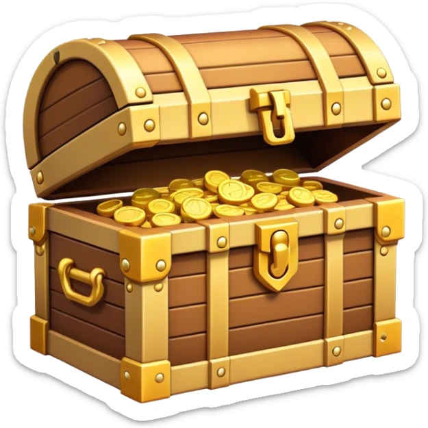 Clash of Clans aesthetic: Cinematic Playful Pixel 3D Treasure Chest Emoji, rendered in a 3D vector-style similar to standard emojis with minimal shading and bold, simplified shapes. A compact, distinct form with signature details, softly glowing with a pixelated adventure charm. Simplified yet unmistakably iconic, highly detailed and consistent, glowing with a soft radiance and high shine. Stylized with a touch of classic pixel-art charm and a soft glowing outline, capturing the essence of a beloved gaming relic with a friendly, playful manner! sticker