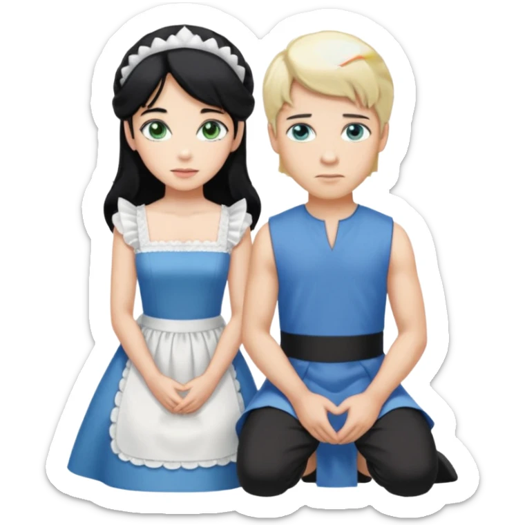 Prince, standing, black hair, blue eyes, garmont, and maid, blonde Hair, green eyes, white short sleveless dress, kneeling  sticker
