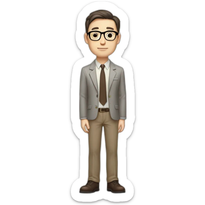 Full height Pale skinned fit man with dark brown hair in gray jacket, beige office shirt, brown tie, brown pants and vintage glasses. His right hand stretched out sticker