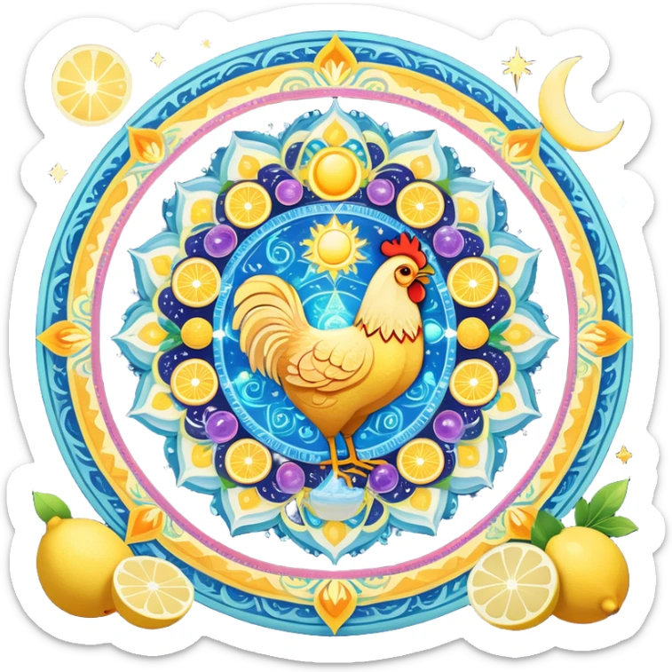 Celestial fitness mandala with magical water and lemon at center, surrounded by orbiting enchanted elements: radiant sun, glowing chicken and rice, sparkling gym weights, ethereal yogurt, twinkling fruits, and mystical sleep moon, all connected by cosmic energy flows and starry aura sticker
