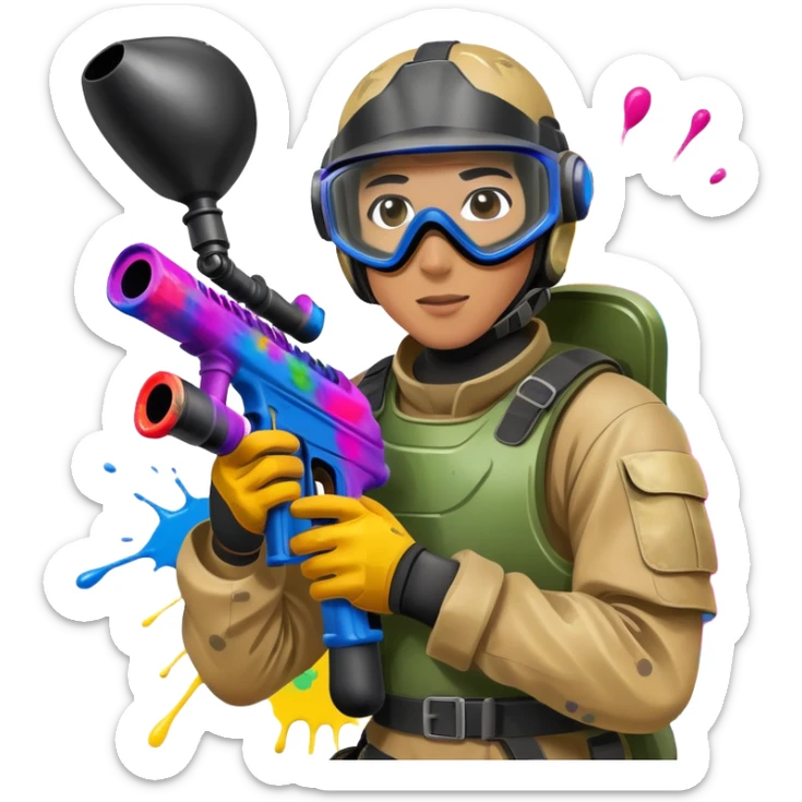 A dynamic scene of a player in action, holding a paintball gun and wearing protective gear. The background shows a vibrant paintball field with obstacles, colorful splatters of paint in the air, and an intense, competitive atmosphere. sticker