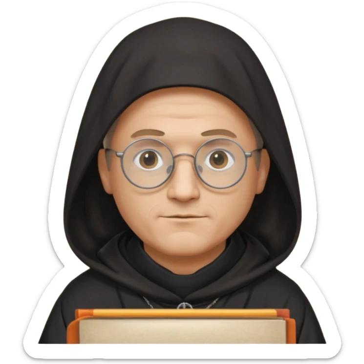 Monk priest prayer black habit with hood round black glasses done light brown wavy hair under hood remove the medallion smaller more round glassed age 46 remove necklace thinner or more oval face  sticker