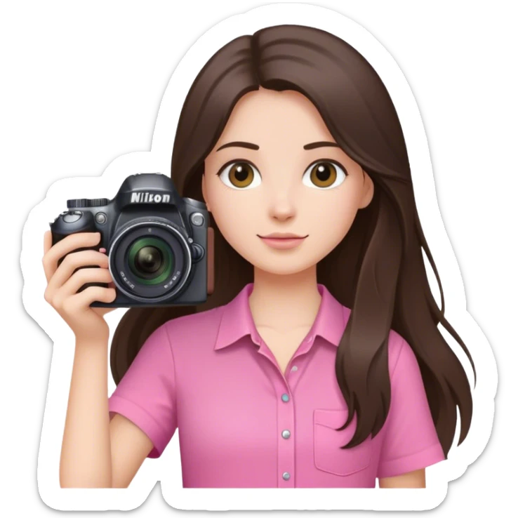 brunette girl long hair holding nikin camera pink shirt sticker