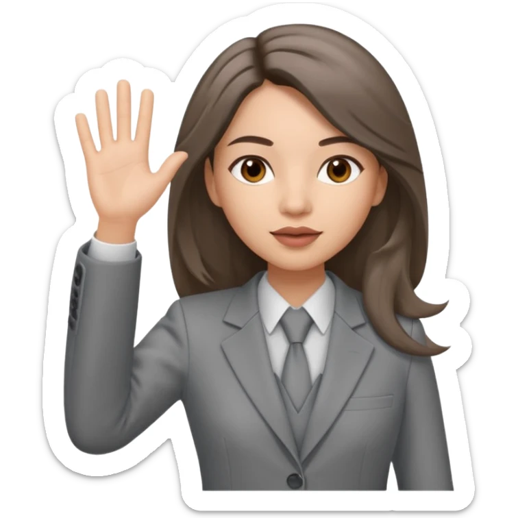 a young woman in a grey pantsuit.   She has brown eyes and very long brown hair. The hair parting is straight in the middle and the skin color is light. Lips are inflated. And she's waving her hand sticker
