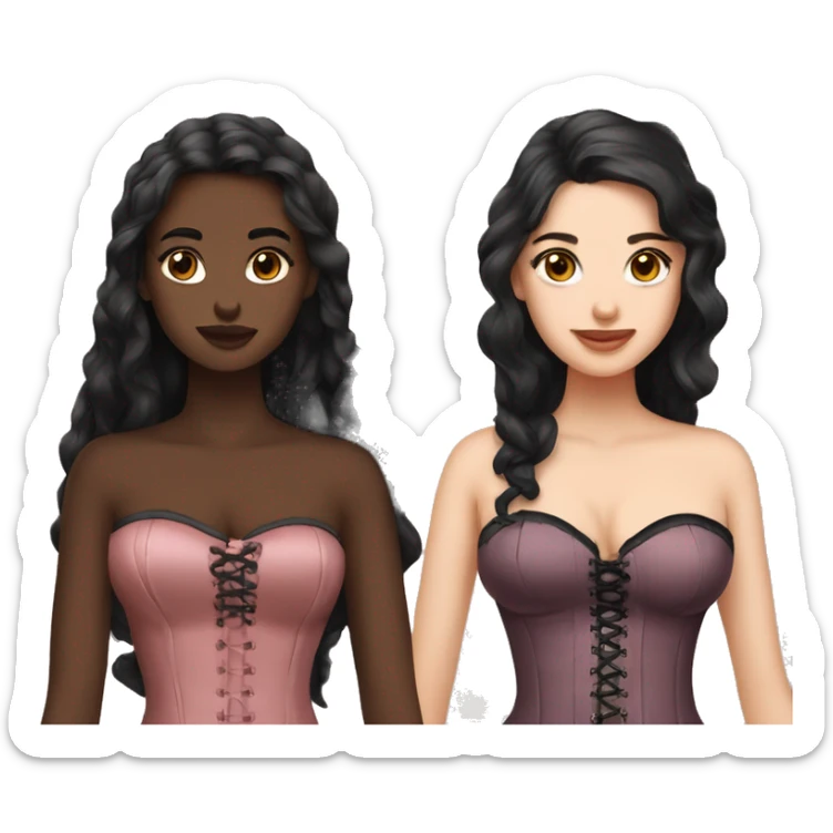 draw two girls separately in corsets with fair skin and brown eyes one has straight shoulder length black hair and the other with wavy long brown hair sticker