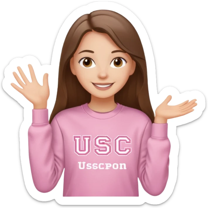 happy white long brunette hair girl with hazel eyes and in light pink sweatshirt with USC in white sticker